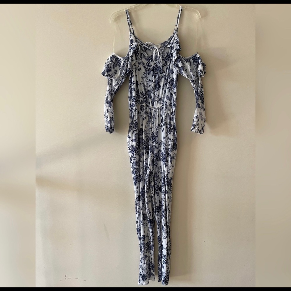 Blue Floral Print Cold Shoulder Jumpsuit